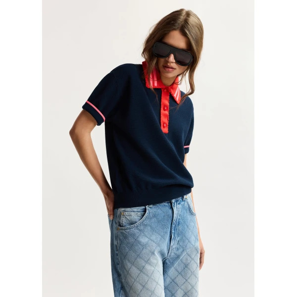 Essentiel Antwerp Navy fine knit polo top with red and pink lace-trimmed collar and strawberry-shaped buttons, view 3