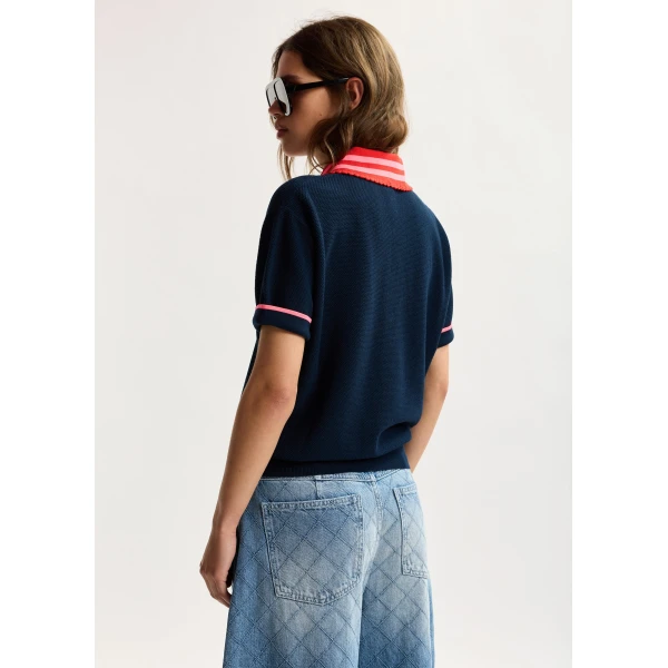 Essentiel Antwerp Navy fine knit polo top with red and pink lace-trimmed collar and strawberry-shaped buttons, view 4