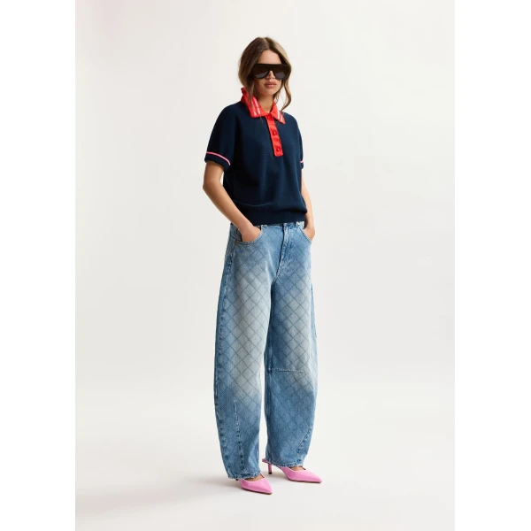 Essentiel Antwerp Navy fine knit polo top with red and pink lace-trimmed collar and strawberry-shaped buttons, view 5