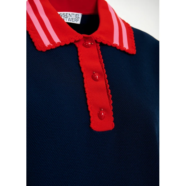 Essentiel Antwerp Navy fine knit polo top with red and pink lace-trimmed collar and strawberry-shaped buttons, view 6