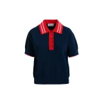 Essentiel Antwerp Navy fine knit polo top with red and pink lace-trimmed collar and strawberry-shaped buttons