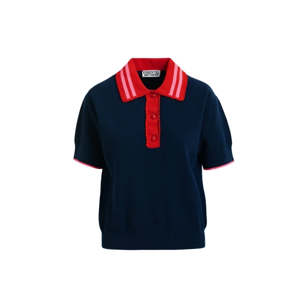 Essentiel Antwerp Navy fine knit polo top with red and pink lace-trimmed collar and strawberry-shaped buttons