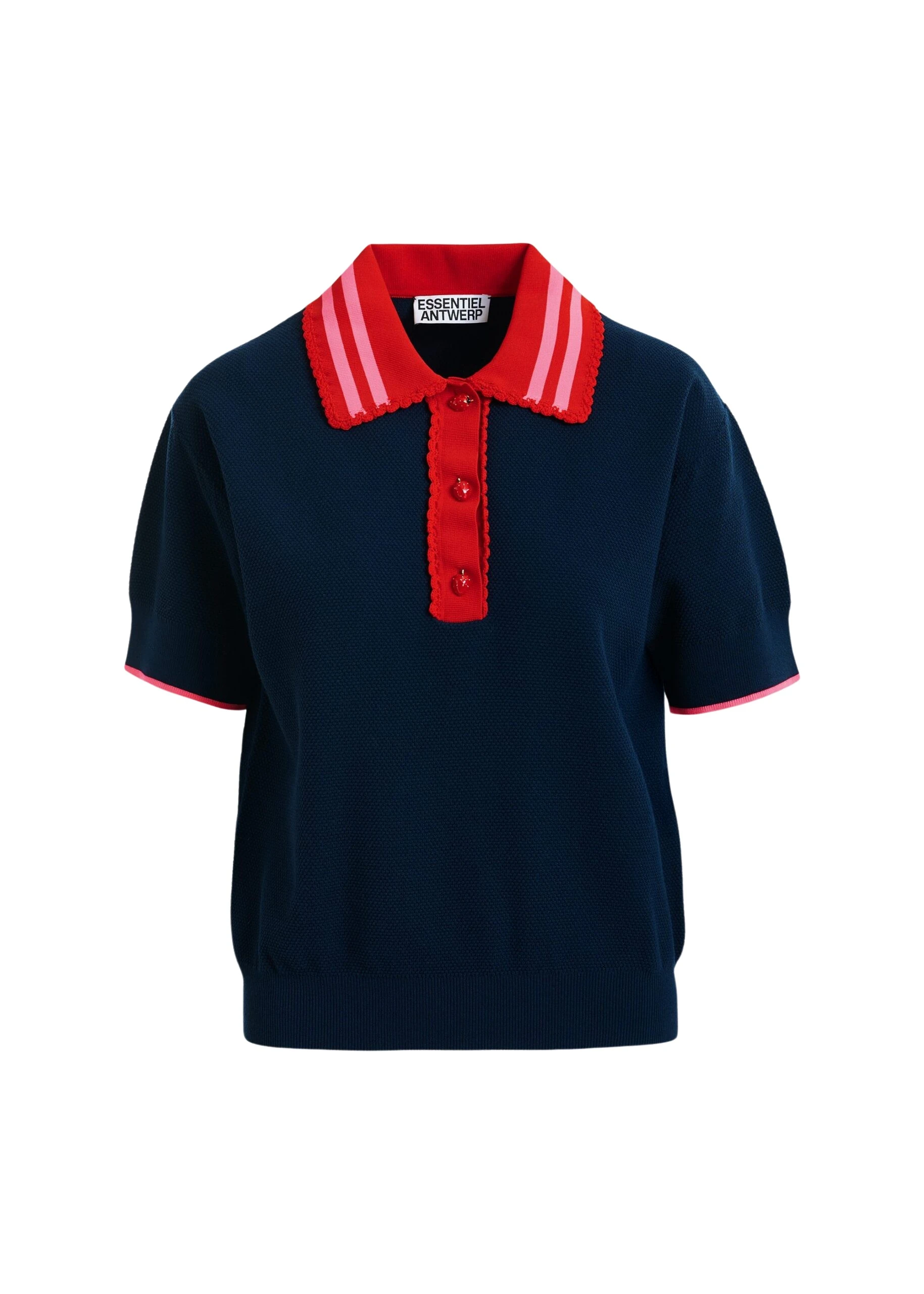 Essentiel-Antwerp-Navy-fine-knit-polo-top-with-red-and-pink-lace-trimmed-collar-and-strawberry-shaped-buttons-scaled64671_nobg Essentiel Antwerp Navy fine knit polo top with red and pink lace-trimmed collar and strawberry-shaped buttons