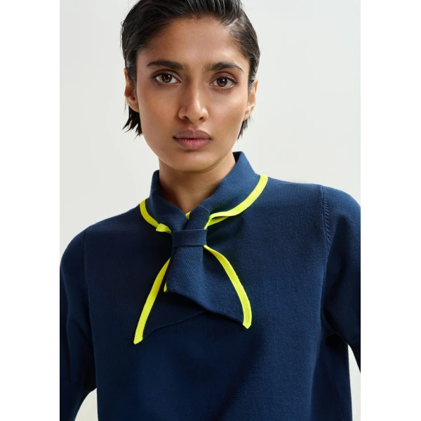 Essentiel Antwerp Navy fine-knit polo with bright yellow scarf-like contrast collar Top, view 2