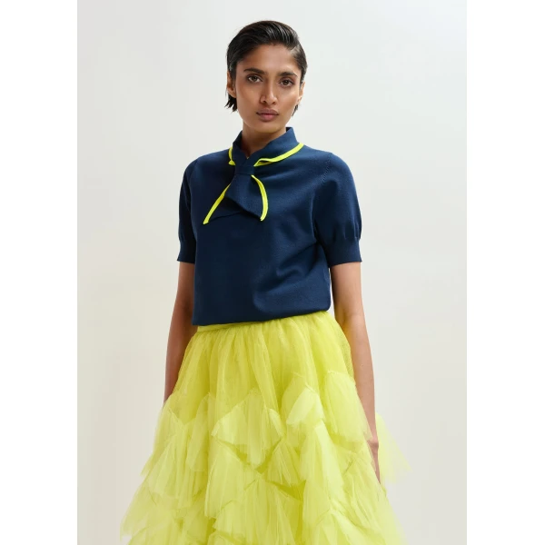 Essentiel Antwerp Navy fine-knit polo with bright yellow scarf-like contrast collar Top, view 3