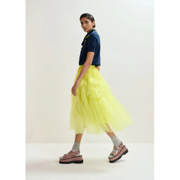 Essentiel Antwerp Navy fine-knit polo with bright yellow scarf-like contrast collar Top, view 4