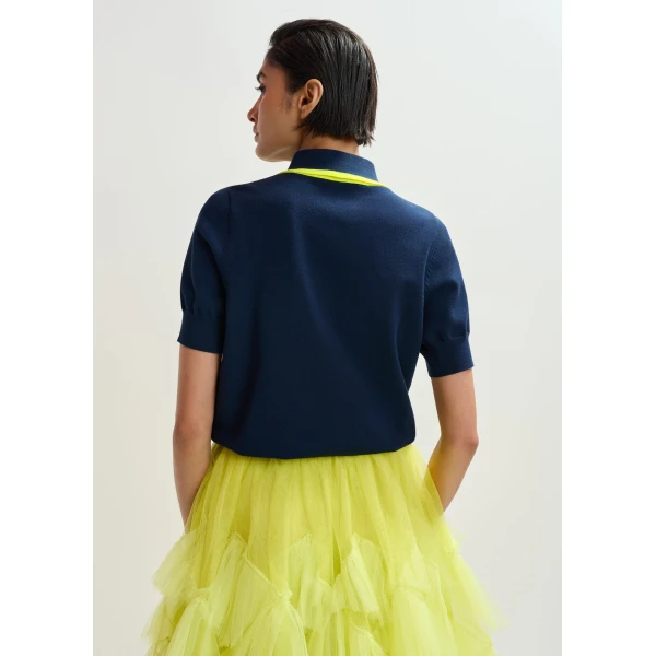 Essentiel Antwerp Navy fine-knit polo with bright yellow scarf-like contrast collar Top, view 5