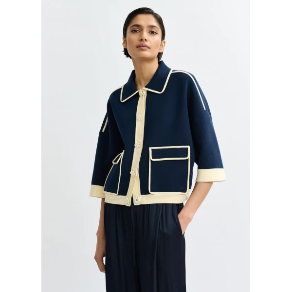 Essentiel Antwerp Navy knit cardigan with flower buttons and off-white contrasting trims, view 4