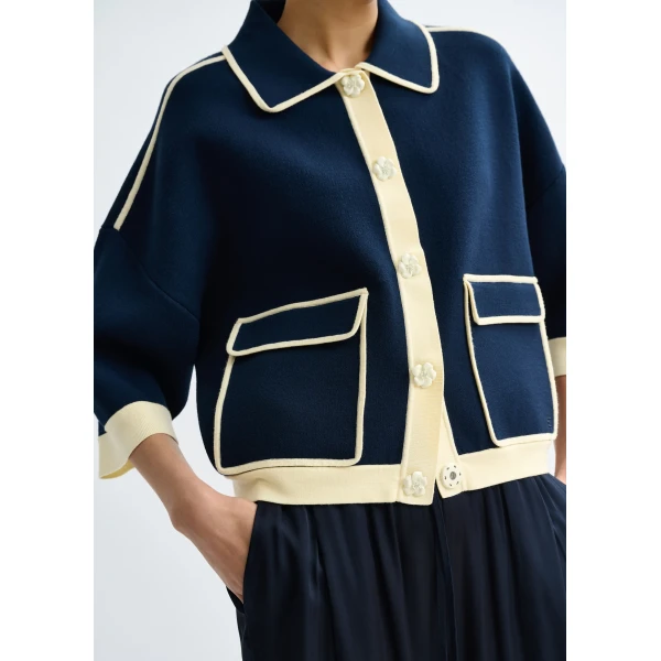 Essentiel Antwerp Navy knit cardigan with flower buttons and off-white contrasting trims, view 5