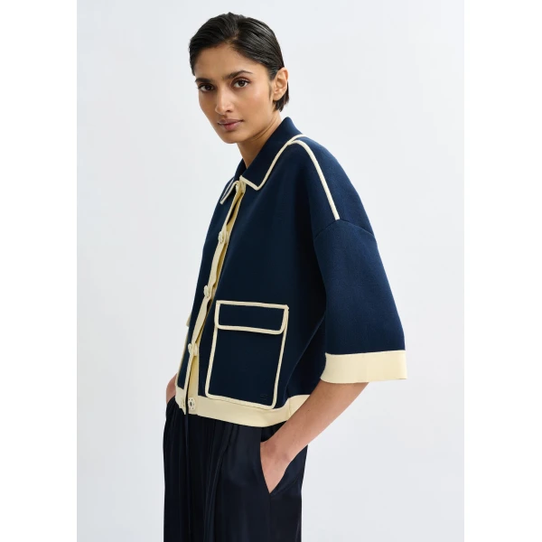 Essentiel Antwerp Navy knit cardigan with flower buttons and off-white contrasting trims, view 6