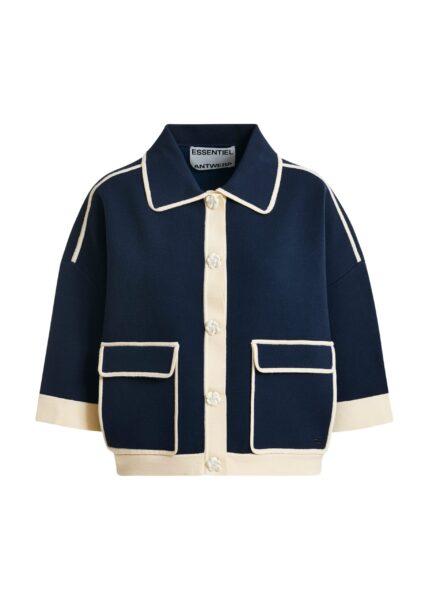 Navy knit cardigan with flower buttons and off-white contrasting trims
