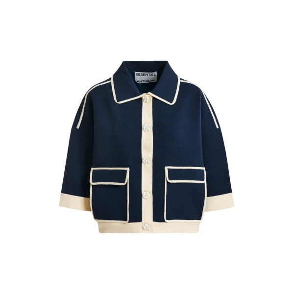 Essentiel Antwerp Navy knit cardigan with flower buttons and off-white contrasting trims