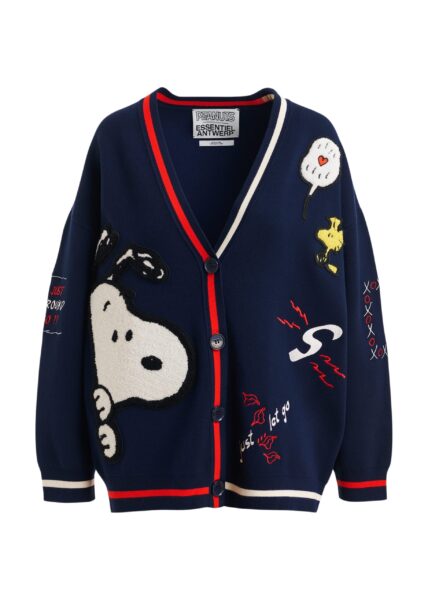 Navy knit cardigan with multicolored Peanuts™ Snoopy and Woodstock patches
