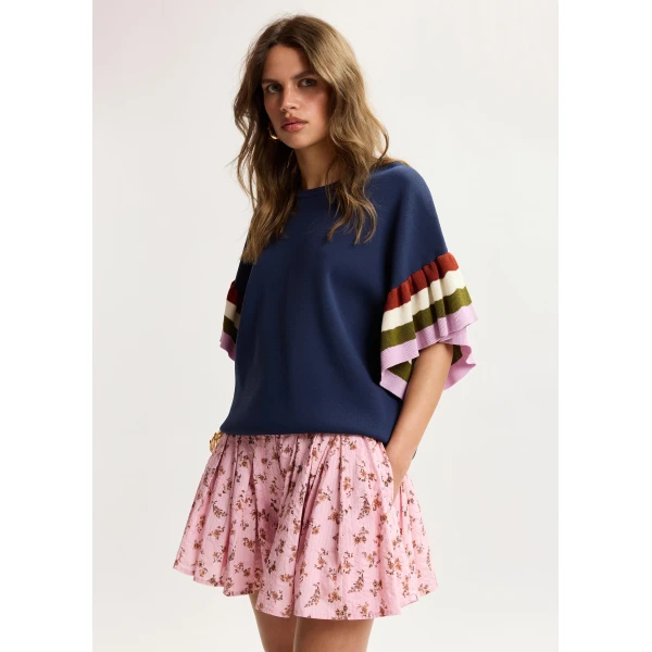 Essentiel Antwerp Navy knitted top with multicolored striped layered sleeves, view 3