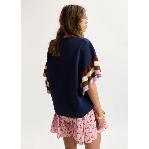 Essentiel Antwerp Navy knitted top with multicolored striped layered sleeves, view 4