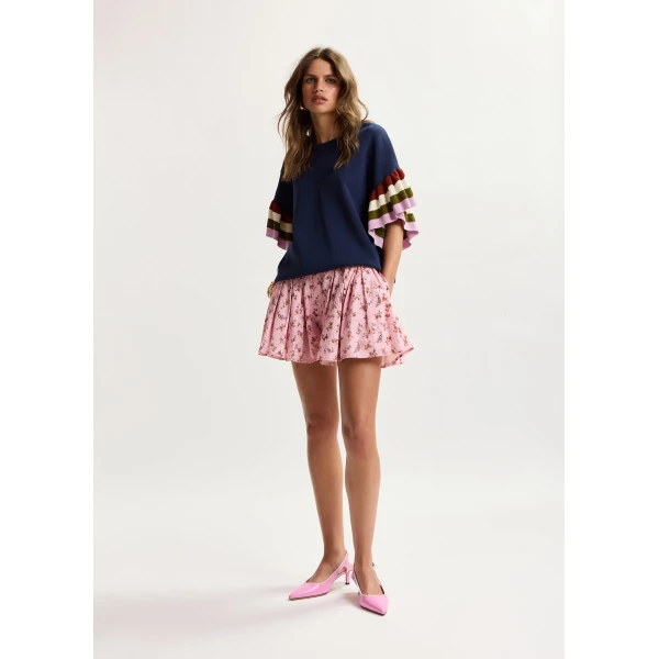 Essentiel Antwerp Navy knitted top with multicolored striped layered sleeves, view 5