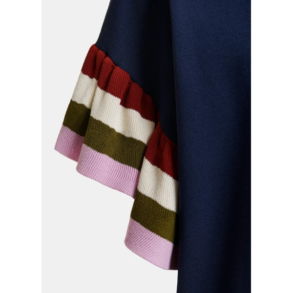 Essentiel Antwerp Navy knitted top with multicolored striped layered sleeves, view 6