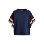 Essentiel Antwerp Navy knitted top with multicolored striped layered sleeves
