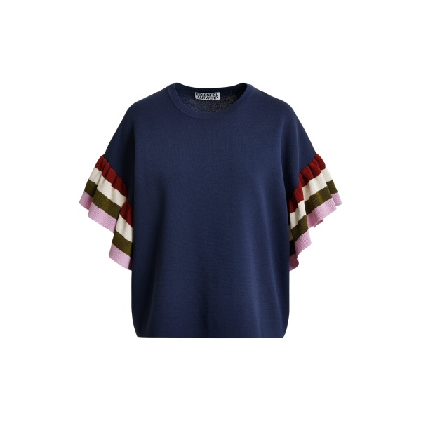 Navy knitted top with multicolored striped layered sleeves