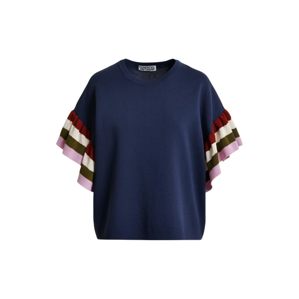 Essentiel Antwerp Navy knitted top with multicolored striped layered sleeves
