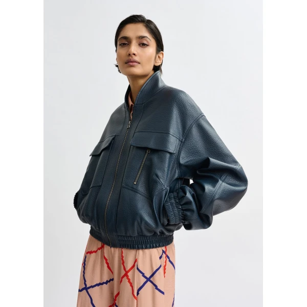 Essentiel Antwerp Navy oversized faux-leather bomber jacket, view 2