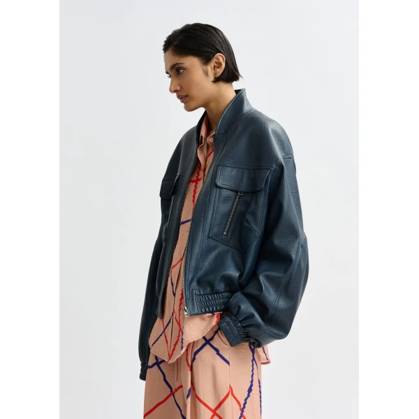 Essentiel Antwerp Navy oversized faux-leather bomber jacket, view 3