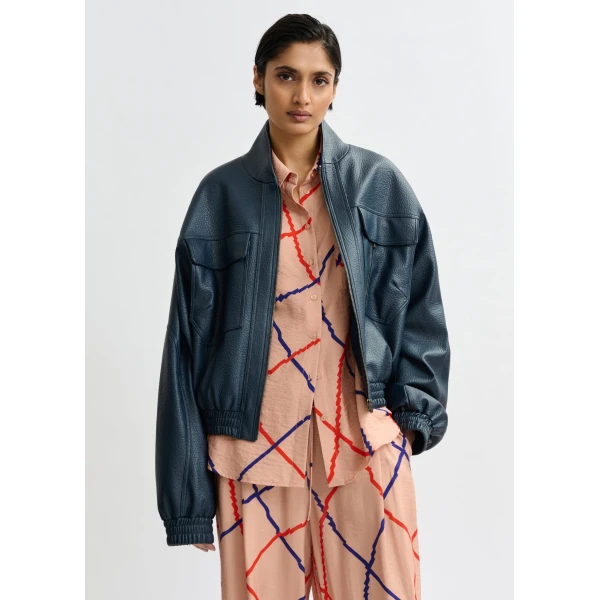 Essentiel Antwerp Navy oversized faux-leather bomber jacket, view 4