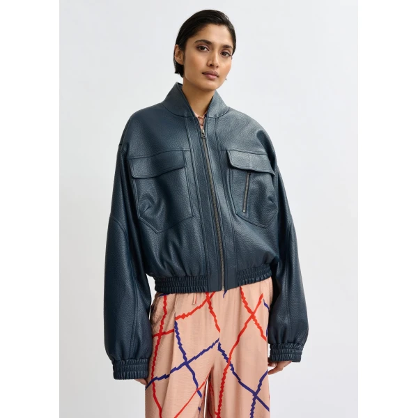 Essentiel Antwerp Navy oversized faux-leather bomber jacket, view 6
