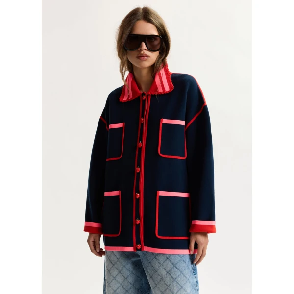 Essentiel Antwerp Navy, red and pink fine knit cardigan with lace-trimmed collar and strawberry-shaped buttons, view 2