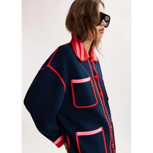 Essentiel Antwerp Navy, red and pink fine knit cardigan with lace-trimmed collar and strawberry-shaped buttons, view 3