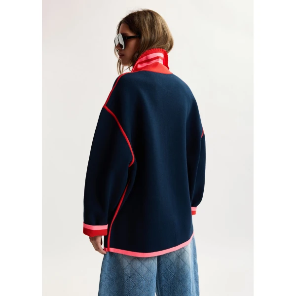 Essentiel Antwerp Navy, red and pink fine knit cardigan with lace-trimmed collar and strawberry-shaped buttons, view 4