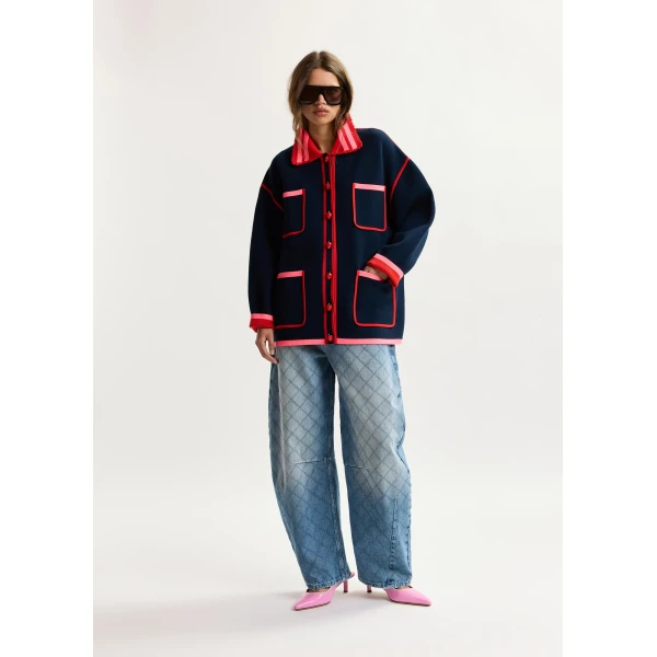 Essentiel Antwerp Navy, red and pink fine knit cardigan with lace-trimmed collar and strawberry-shaped buttons, view 5