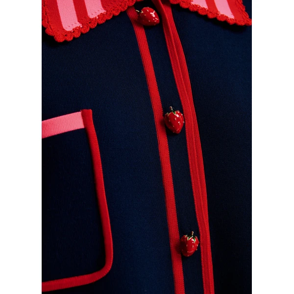 Essentiel Antwerp Navy, red and pink fine knit cardigan with lace-trimmed collar and strawberry-shaped buttons, view 6
