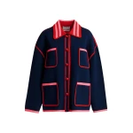 Essentiel Antwerp Navy, red and pink fine knit cardigan with lace-trimmed collar and strawberry-shaped buttons