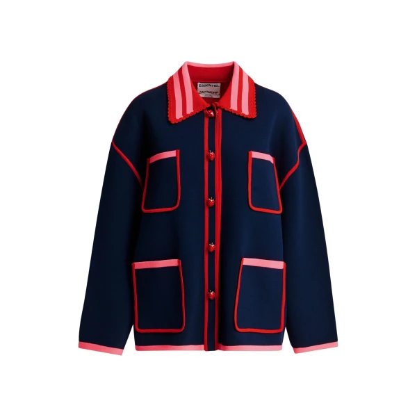 Essentiel Antwerp Navy, red and pink fine knit cardigan with lace-trimmed collar and strawberry-shaped buttons