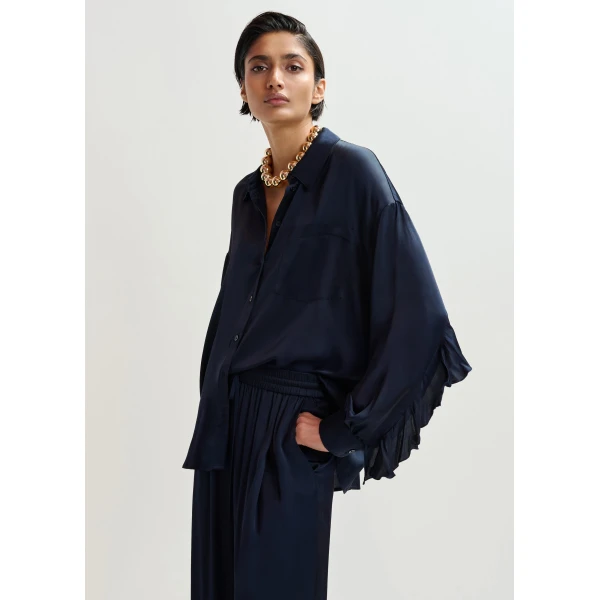 Essentiel Antwerp Navy ruffle-trimmed oversized shirt, view 3