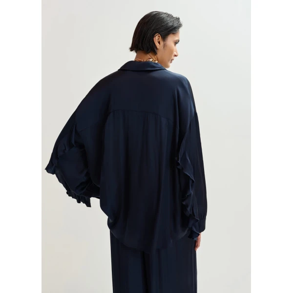 Essentiel Antwerp Navy ruffle-trimmed oversized shirt, view 4