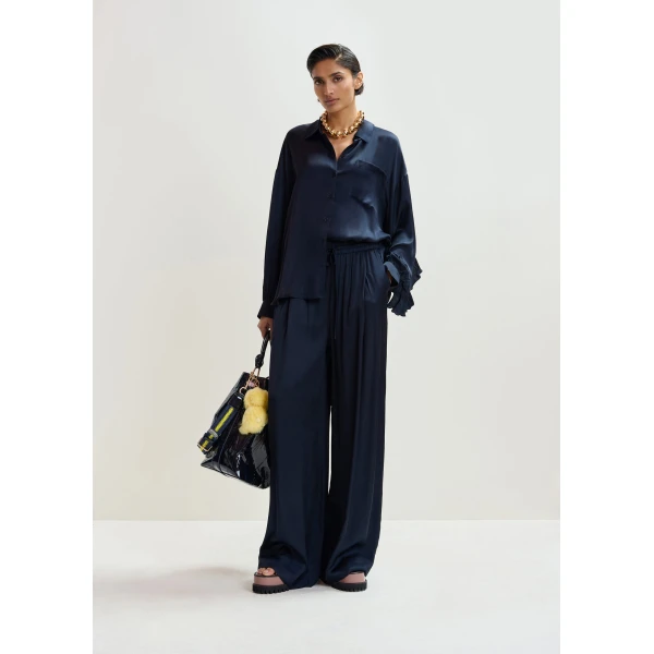 Essentiel Antwerp Navy ruffle-trimmed oversized shirt, view 5