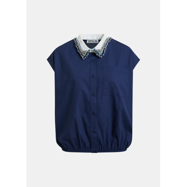Essentiel Antwerp Navy sleeveless cotton shirt with embellished collar, view 4