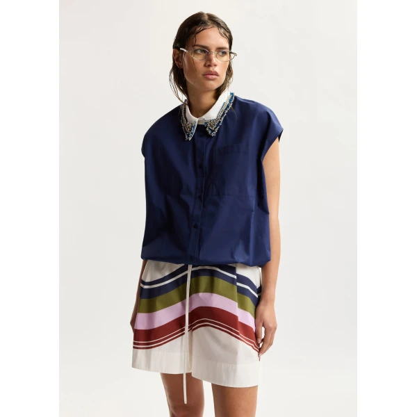 Essentiel Antwerp Navy sleeveless cotton shirt with embellished collar, view 5