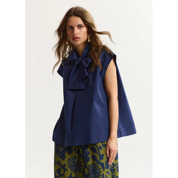 Essentiel Antwerp Navy sleeveless top with tie neckline, view 2