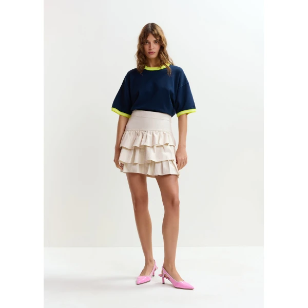 Essentiel Antwerp Navy slightly cropped knit T-shirt with bright yellow contrasting trim, view 5