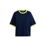 Essentiel Antwerp Navy slightly cropped knit T-shirt with bright yellow contrasting trim