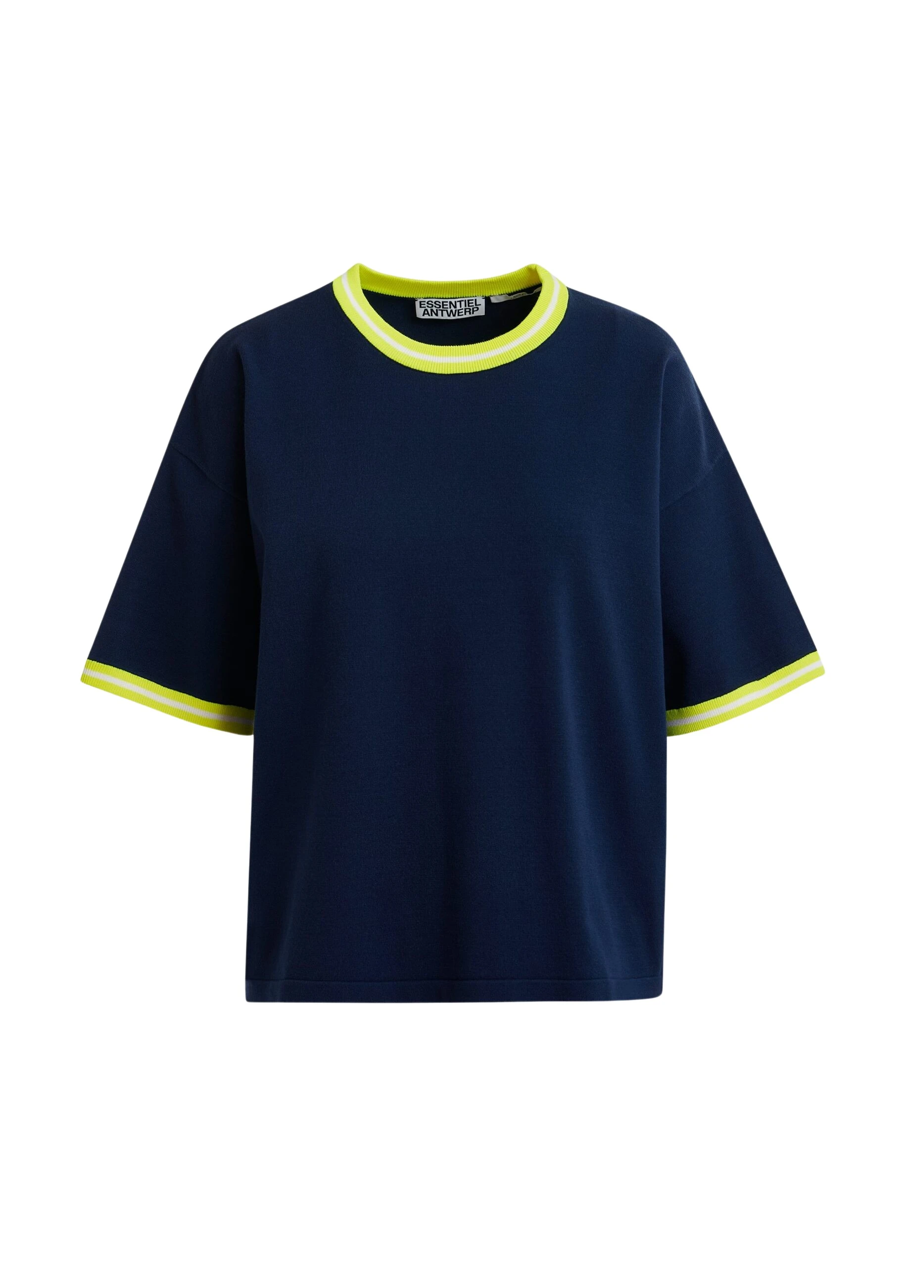 Navy slightly cropped knit T-shirt with bright yellow contrasting trim