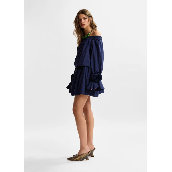 Essentiel Antwerp Navy strapless cotton mini dress with rosette details, view 6