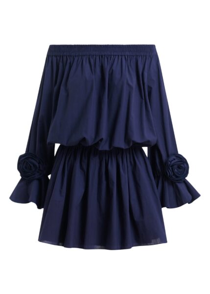 Navy strapless cotton mini dress with rosette details
