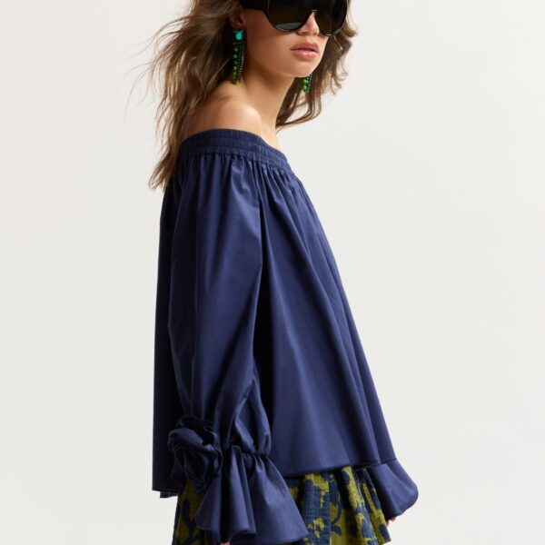 Essentiel Antwerp Navy strapless cotton top with rosette details, view 4