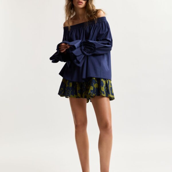 Essentiel Antwerp Navy strapless cotton top with rosette details, view 5