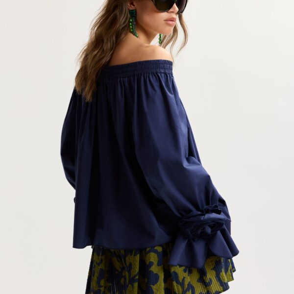 Essentiel Antwerp Navy strapless cotton top with rosette details, view 6