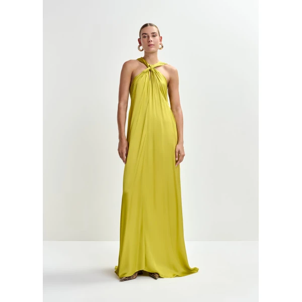 Essentiel Antwerp Ocher A-line halterneck maxi dress with crossover straps, view 3